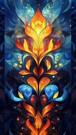 Symmetrical flame flower grows through deep blue night