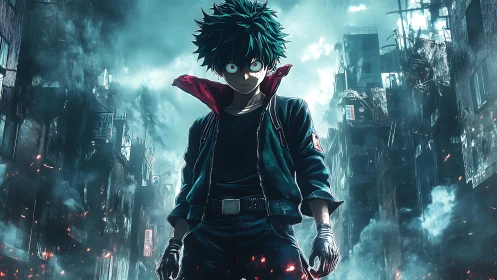 Brooding anime hero confronts chaos in a burning cityscape