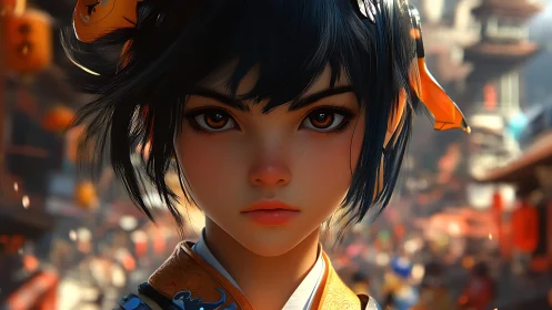 Close frontal portrait of stylized girl in urban setting.