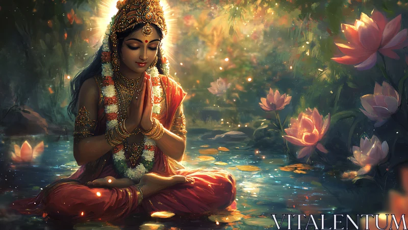 Divine goddess in lotus pond meditative pose, garlands, warm bokeh