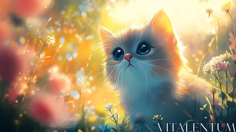 Luminous Kitten in Wildflower Field at Sunrise.