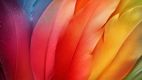 Radiant macro close-up of layered rainbow bird feathers.