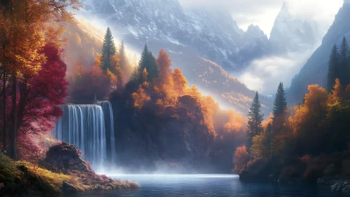 Autumn waterfall glows beneath misty alpine peaks at sunrise