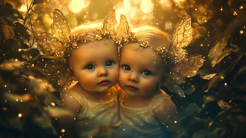 Golden forest fairy twins in luminous enchanted glow.