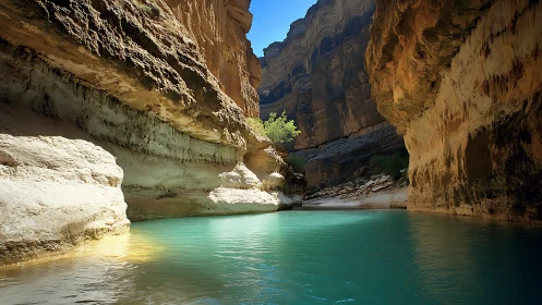 Sunlit canyon pool with calm turquoise water and glowing walls.