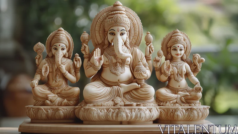 Detailed wooden Ganesha family sculpture shows intricate iconography