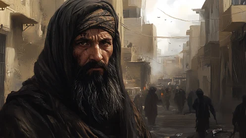 Weathered eyes hold stories as a war torn alley breathes smoke