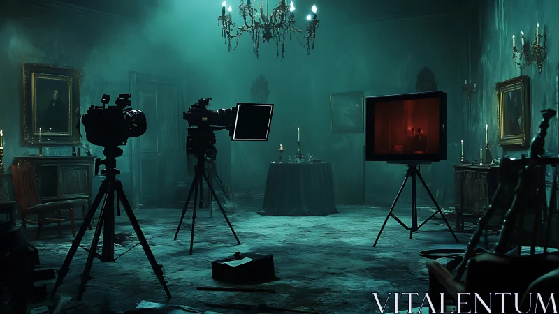 Film crew gear in eerie mansion ballroom set at night.