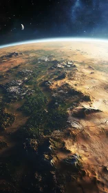 Sunlit alien world waking under a quiet starry sky.