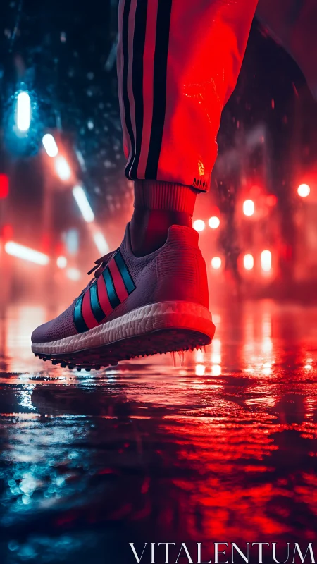 Neon-lit running shoe suspended above wet asphalt with bokeh highlights