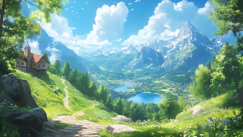 Sunlit hilltop cottage overlooking a dream-bright alpine valley.