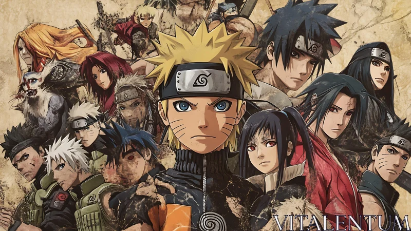 Composite anime character montage shows central ninja figure