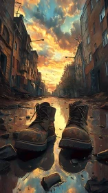 Abandoned boots rest in a flooded, war-torn city street.