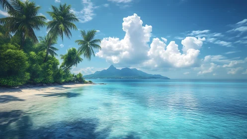 Tropical Island Paradise with Volcanic Peak and Azure Waters.