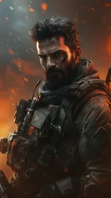 Battle-hardened soldier standing strong in glowing embers.