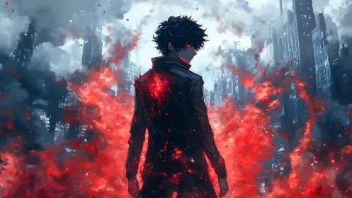 Lone antihero ignites crimson power in dystopian cityscape.