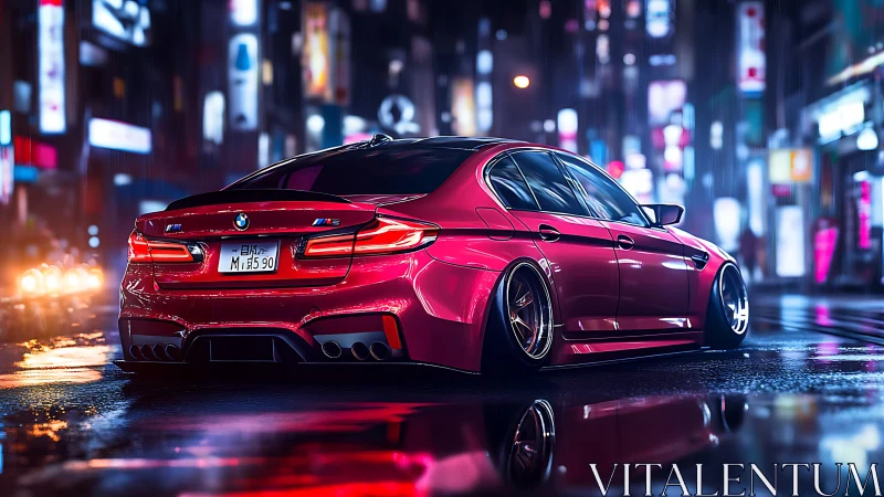 Red BMW sedan in wet neon-lit city street at night scene.