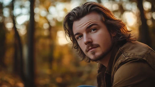 Portrait of young man in autumn forest light at dusk.
