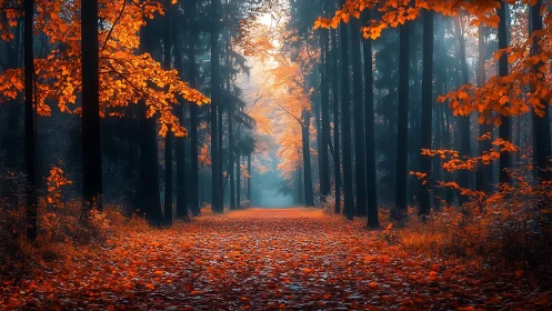 Deciduous woodland corridor with golden foliage and atmospheric light diffusion. Autumn.