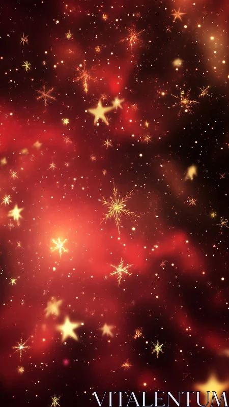 Luminous golden snowflakes drifting across radiant red nebula.