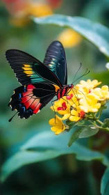 Butterfly rests on yellow flowers in shallow depth of field