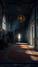 Grand baroque corridor with sweeping staircase and dusk light.