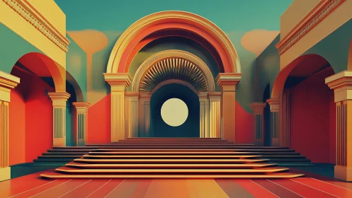 Geometric neoclassical hall with bold arches and steps.