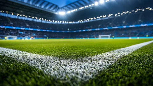 Floodlit football pitch corner under dramatic stadium lights.