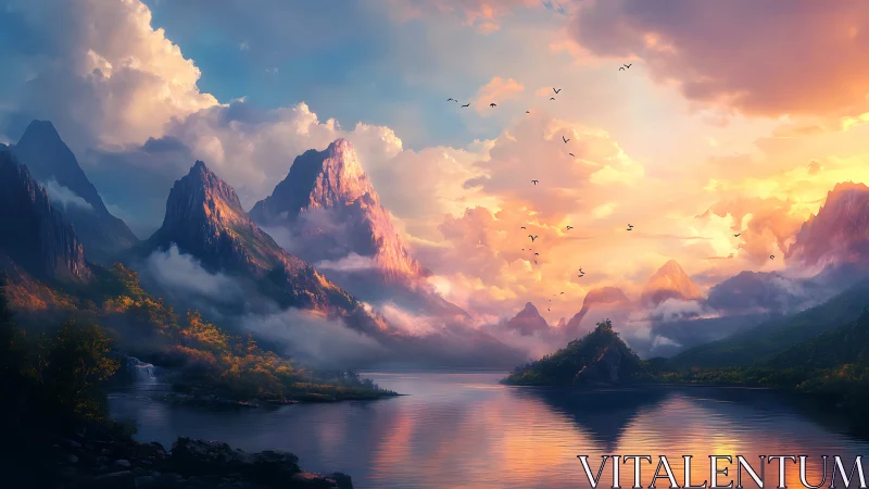 Sunlit peaks rise over tranquil misty mountain lake.