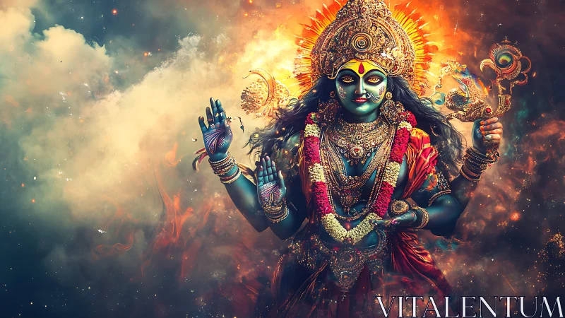 Hindu goddess figure stands amid glowing cosmic smoke