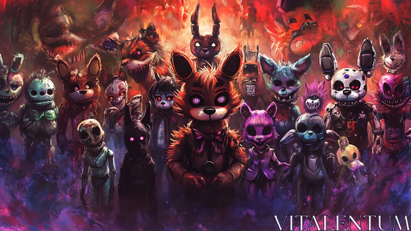 Creepy animatronic horde advances through neon inferno mist