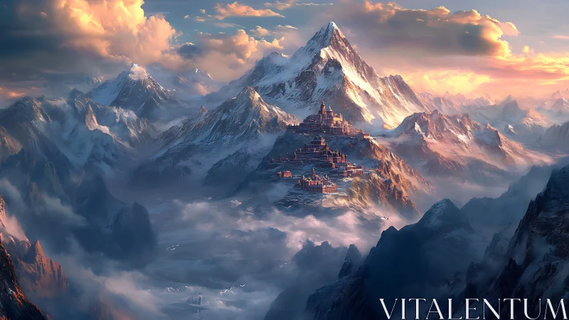 Mountain city rises among snow-covered peaks at sunrise