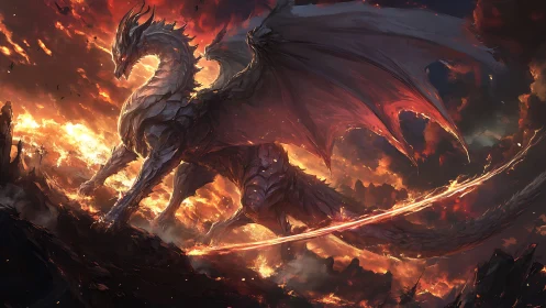 Armored fire dragon strides through blazing volcanic sky.