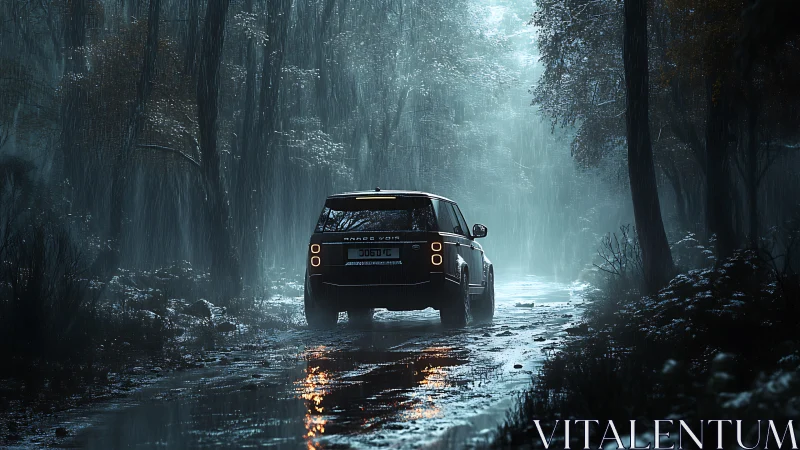 Midnight SUV hums forward through rain-slicked ghost forest