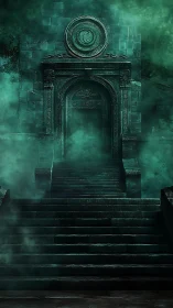 Mystic stone portal with spiral seal in atmospheric perspective.