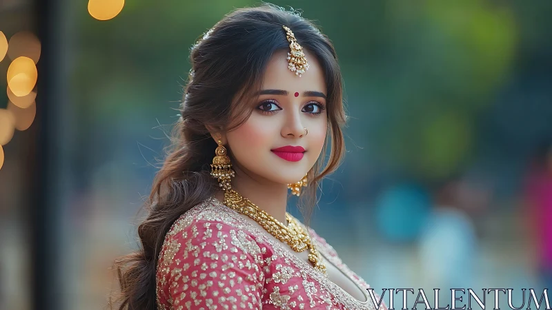 Woman in ornate pink lehenga poses outdoors at dusk