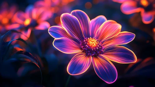 Neon-lit macro flower rendered with high-glow bokeh depth mapping