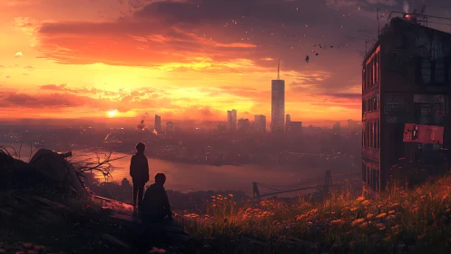 Two figures observe sunset over dense riverside city skyline
