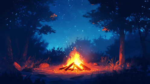 Campfire Under Starlit Forest Canopy at Dusk.