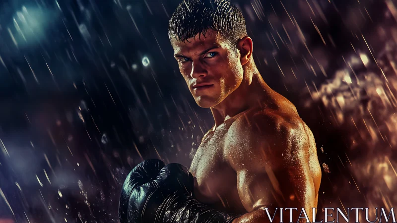 Intense boxer stance in rain with dramatic lighting