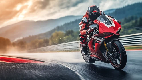 Red superbike slicing through rain on a misty mountain track.