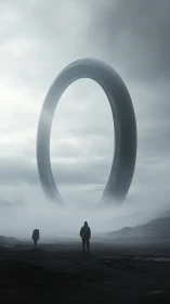 Foggy landscape with colossal metallic ring formation.