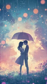 Silhouetted couple beneath purple umbrella amid luminescent aerial particles
