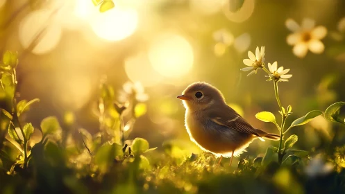 Baby bird in sunlit meadow with wildflowers, dreamy nature photo.
