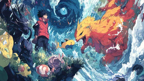 Trainer observing elemental creatures in turbulent vortex scene.