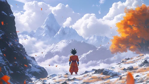 Anime character in epic snowy mountain vista composition.