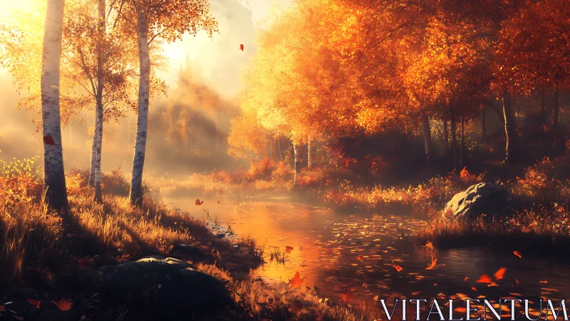 Radiant volumetric autumn forest rendered along calm stream.