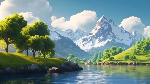 Sunlit riverside meadow beneath calm snowcapped peaks.