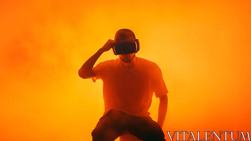Silhouetted VR user in vivid orange immersive glow.