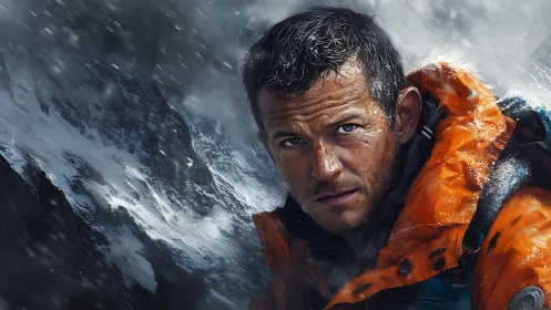 Storm-lashed alpine climber in orange hardshell amid blizzard